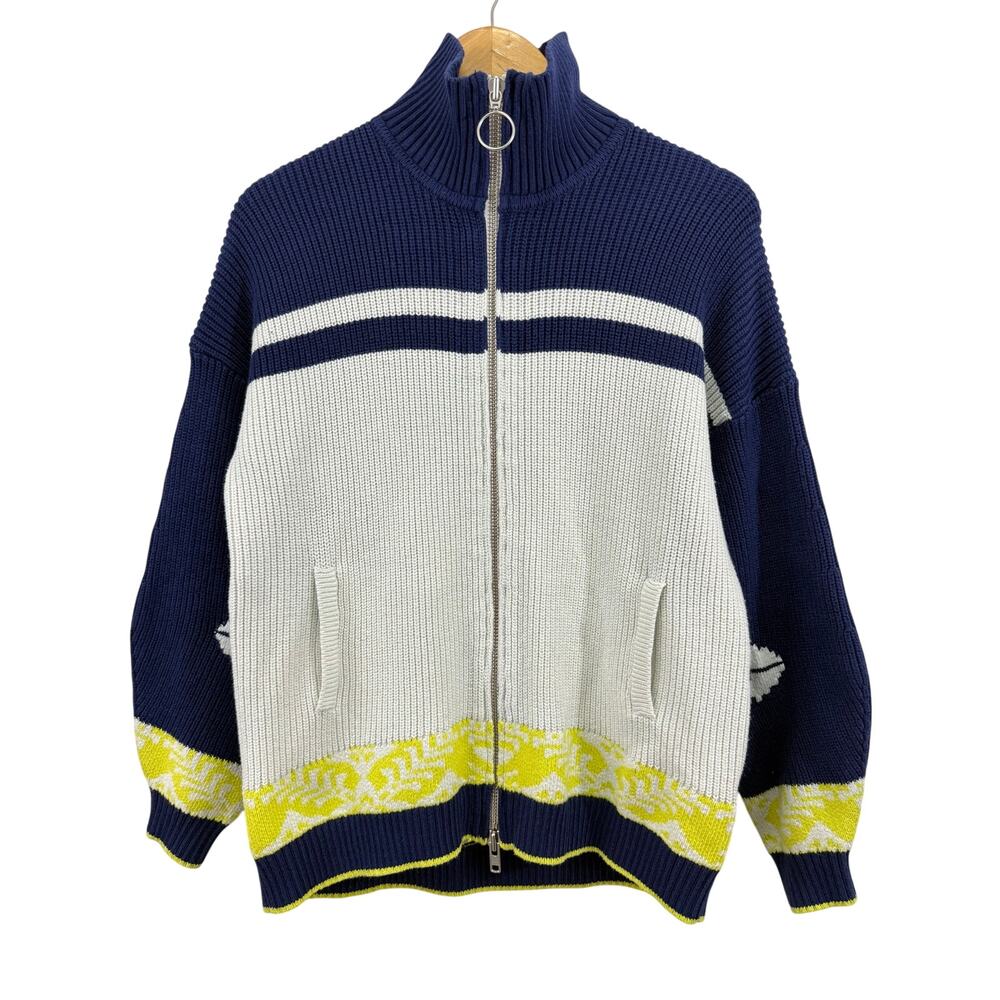 Anthropologie Maeve Blue Striped Aztec Fair Isle Zip Cardigan Sweater XS - Picture 4 of 15